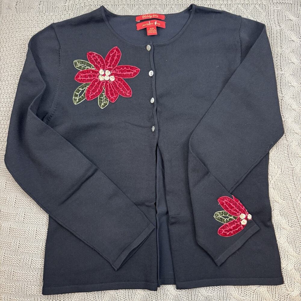 Vintage 2004 Northern Isles Poinsettia Appliqué Christmas Cardigan Size Large